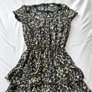 Leopard Print Short-Sleeve Mini Dress in Black and Cream